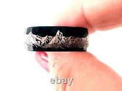 Mens Wedding Bands, Mountains Range Engraved Black Hammered Brushed Tungsten Car