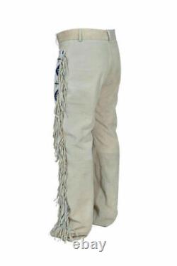 Mens Western Cowboy Leather Real Suede Native American Hippy Beaded Fringe Pants