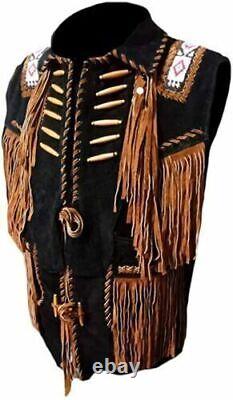 Mens Western Cowboy Suede Leather Vest Native American Beaded Fringed Waistcoat