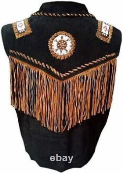 Mens Western Cowboy Suede Leather Vest Native American Beaded Fringed Waistcoat
