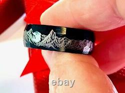 Mountains Range Pattern Engraved Black Hammered Mens Tungsten Ring, Wedding Band