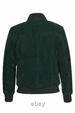 New Danny 80s Men's Classic Bomber Fitted Style Green Soft Suede Leather Jacket