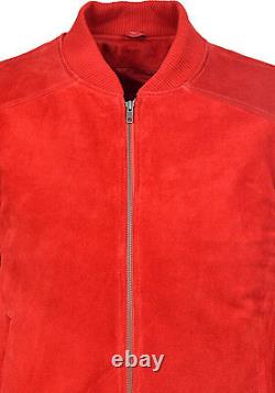 New Danny 80s Men's Classic Bomber Fitted Style Red Soft Suede Leather Jacket