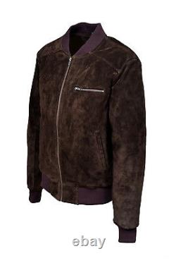 New Tommy 80s Men's Classic Bomber Fitted Style Brown Soft Suede Leather Jacket
