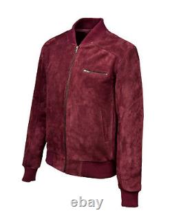 New Tommy 80s Men's Classic Bomber Fitted Style Cherry Red Suede Leather Jacket