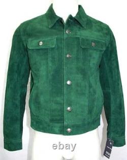 New Winston Men's Classic Western Trucker Style Green Soft Suede Leather Jacket