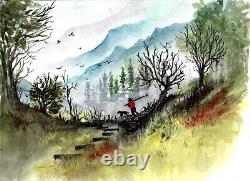 ORIGINAL Man In The Mountain, Landscape Art, Mountain Art, Misty Mountains