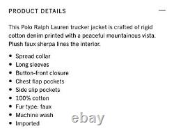 Polo Ralph Lauren Icon Denim Shearling Jacket Mountain Range Glacier Sz L NEW