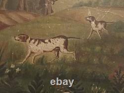 Primitive Oil On Board Panel Hunter with 2 Hounds & Quail Family In Valley Homes