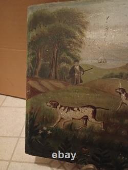 Primitive Oil On Board Panel Hunter with 2 Hounds & Quail Family In Valley Homes