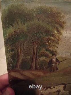 Primitive Oil On Board Panel Hunter with 2 Hounds & Quail Family In Valley Homes