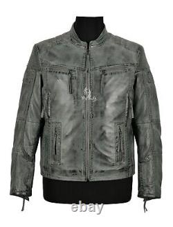 RACER Men's Real Leather Jacket Grey Napa Distressed Look Classic Biker jacket