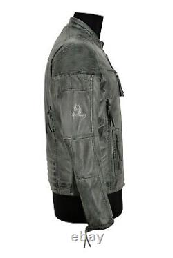 RACER Men's Real Leather Jacket Grey Napa Distressed Look Classic Biker jacket