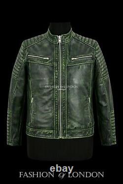 Racer Mens Leather Jackets Green Vintage Hide Classic Casual Fashion Biker Style