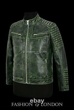 Racer Mens Leather Jackets Green Vintage Hide Classic Casual Fashion Biker Style