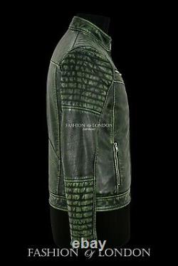 Racer Mens Leather Jackets Green Vintage Hide Classic Casual Fashion Biker Style