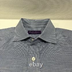 Ralph Lauren Purple Label Italy Blue Houndstooth Shirt Cotton Linen Mens 15.5