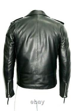 Slim Fit Brando Mens Classic Biker Designer Style Black Soft Napa Leather Jacket