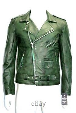 Slim Fit Brando Mens Classic Biker Designer Style Green Soft Napa Leather Jacket