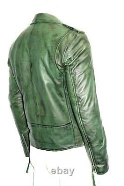 Slim Fit Brando Mens Classic Biker Designer Style Green Soft Napa Leather Jacket
