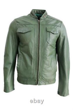 Storm Mens Classic Biker Fitted Designer Style Dark Green Nappa Leather Jacket