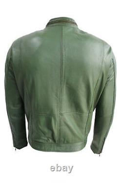 Storm Mens Classic Biker Fitted Designer Style Dark Green Nappa Leather Jacket