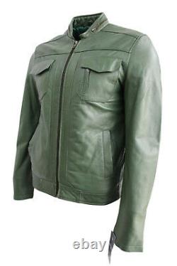 Storm Mens Classic Biker Fitted Designer Style Dark Green Nappa Leather Jacket