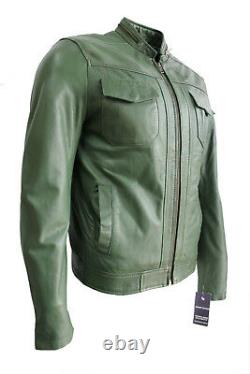 Storm Mens Classic Biker Fitted Designer Style Dark Green Nappa Leather Jacket