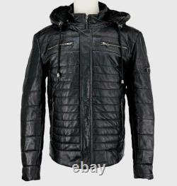 Techno Moto Smart Range Leather Puffer Jacket Men's L/XL Black Hooded Quilted