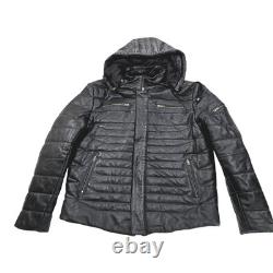 Techno Moto Smart Range Leather Puffer Jacket Men's L/XL Black Hooded Quilted