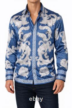 Versace Men's Blue Striped Dragon Print Long-Sleeve Shirt, Size Medium