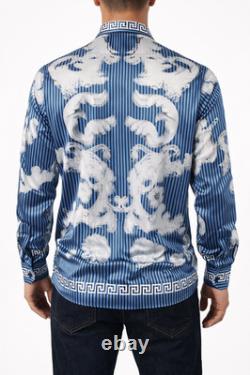 Versace Men's Blue Striped Dragon Print Long-Sleeve Shirt, Size Medium