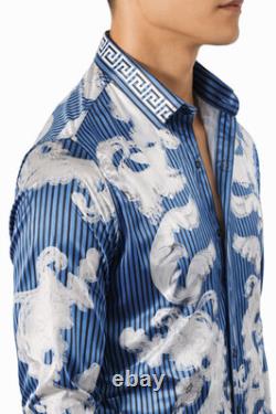 Versace Men's Blue Striped Dragon Print Long-Sleeve Shirt, Size Medium