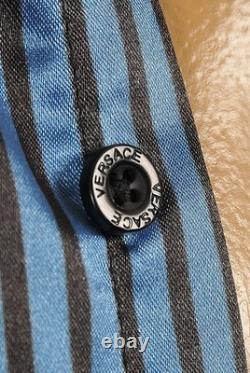 Versace Men's Blue Striped Dragon Print Long-Sleeve Shirt, Size Medium