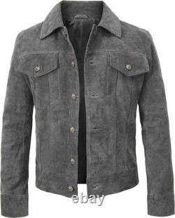 Vintage Retro Trucker Suede Leather Men Classic Causal Motorcycle Bomber Jacket