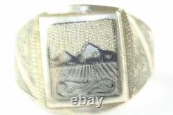 Vintage Russian 875 Silver Niello Mens Ring Mountain Range Scene Size 11.25