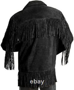 Western Cowboy Fringe Black Retro Native American Suede leather Jacket for Men