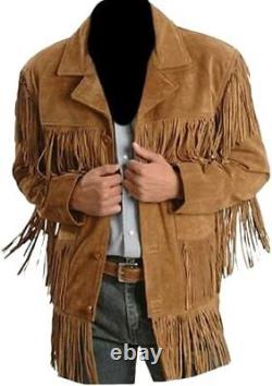 Western Cowboy Suede Leather Jacket for Men's Top Native American Fringe Jacket