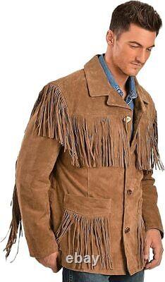 Western Cowboy Suede Leather Jacket for Men's Top Native American Fringe Jacket
