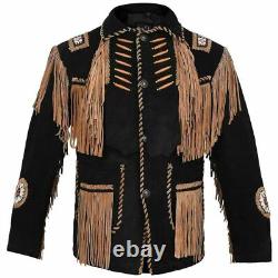 Western Cowboy Suede Leather Jacket for Mens Native American Beads Fringe Jacket