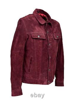 Winston Men Western Trucker Style Red Oxblood Suede Leather Jacket