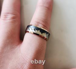 Alliance de mariage pour homme en tungstène gravé avec chaîne de montagnes et arbres, 8 mm pour l’extérieur