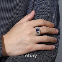 Bague de mariage pour homme en or blanc 14 carats avec solitaire simulé en forme de ovale bleu de 2.70 carats.