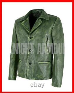Blazer vert classique vintage des années 70 en cuir de vachette à col rond