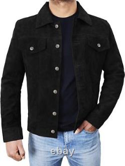 Chemise de camionneur en cuir suède noir pour homme style western pour moto