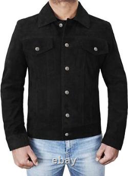 Chemise de camionneur en cuir suède noir pour homme style western pour moto