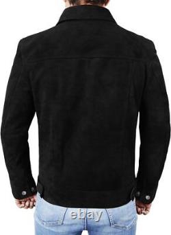 Chemise de camionneur en cuir suède noir pour homme style western pour moto