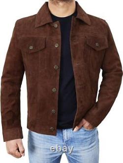 Chemise de camionneur en cuir suédé véritable pour hommes, veste classique moto bomber marron