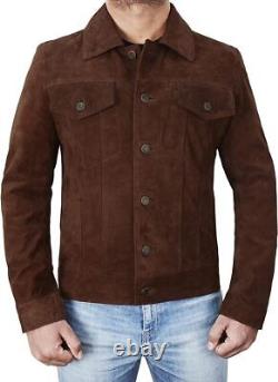 Chemise de camionneur en cuir suédé véritable pour hommes, veste classique moto bomber marron