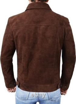 Chemise de camionneur en cuir suédé véritable pour hommes, veste classique moto bomber marron